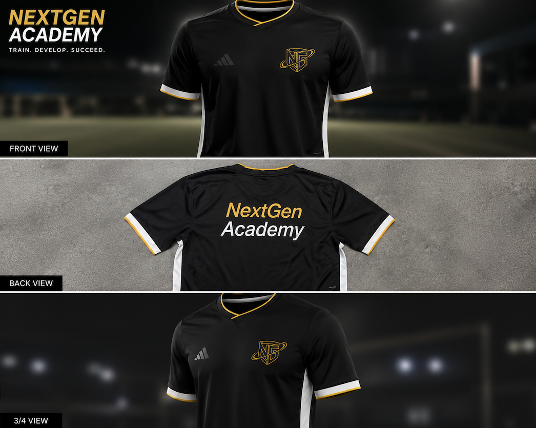 NextGen Academy training shirt shown from the front, back and three-quarter angle